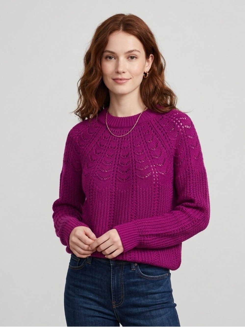 Women's Crewneck Knit Sweater in Magenta